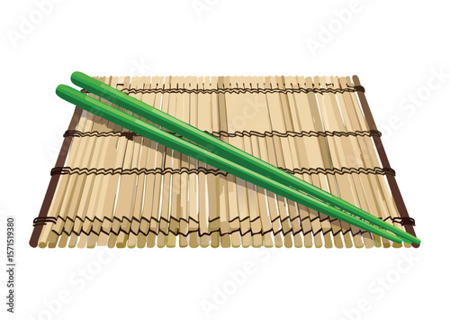 Green Chopsticks Parallel on Slatted Bamboo Mat - Vector Illustration