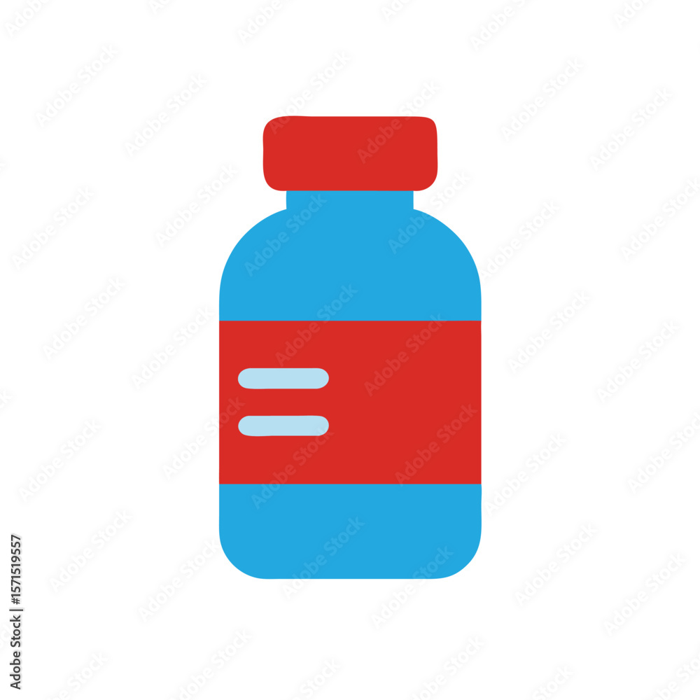Obraz premium Flat a medicine bottle in blue red with two light blue horizontal lines on the label