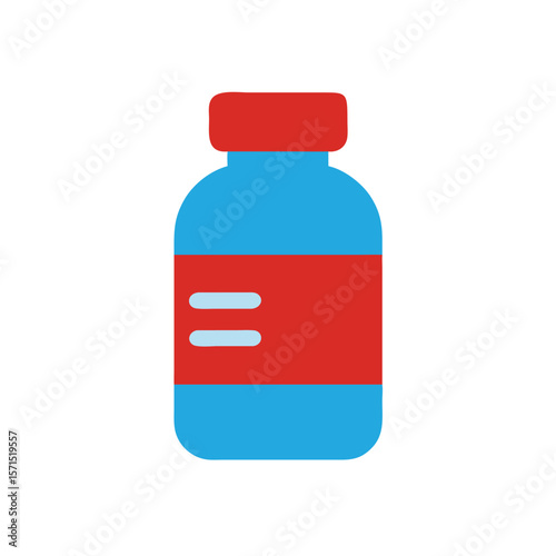 Flat a medicine bottle in blue red with two light blue horizontal lines on the label
