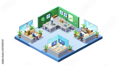 Isometric office space design with cubicles and workers for business and corporate environment concept design