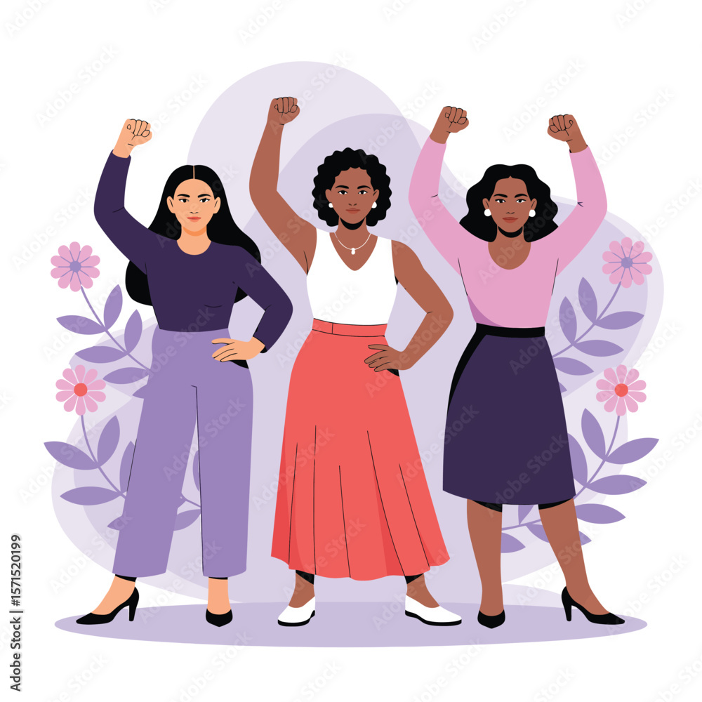 Fototapeta premium Three women with raised fists in solidarity illustration