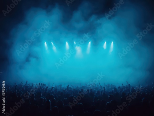 A large crowd enjoys a concert or event with fog and bright stage lights creating a vibrant blue atmosphere.