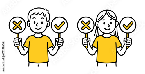 Boy And Girl Holding Stop and Check Mark Signs, Hand-Drawn Style Vector Illustration, Smiling Child Character