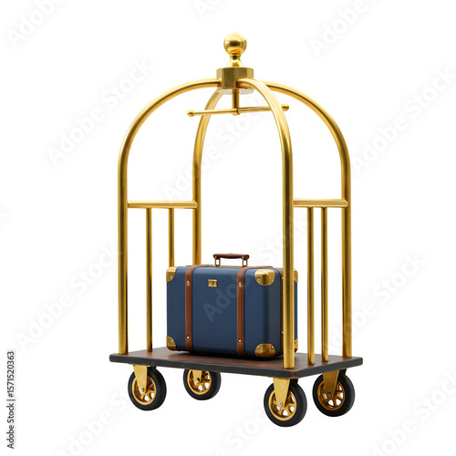 Elegant gold hotel luggage cart with a dark blue suitcase isolated on white or transparent background. PNG format.