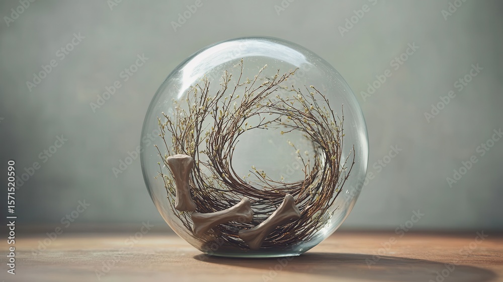 Glass sphere with natural elements and artistic twig arrangement Glass sphere with natural elements and artistic twig arrangement