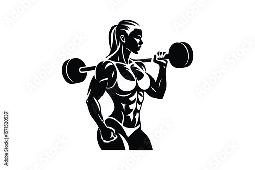 muscular woman powerlifting weight, barbell, weightlifting, athletic, fit, silhouette, black and white, detailed, digital illustration