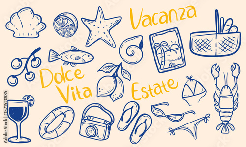 Italian Summer Vacation Vector Elements icon or emblems. Hand Drawn Grunge Holiday Illustration simple style for poster, place card print.
