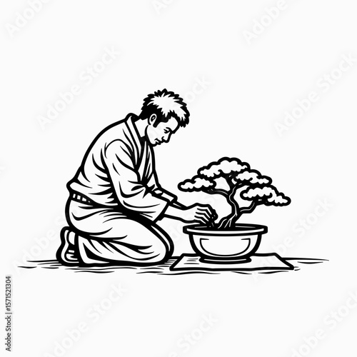 Man tending to bonsai tree in traditional Japanese clothing  