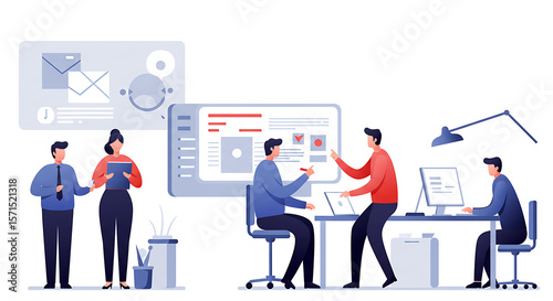 Business team collaborating on project with computers and digital screens