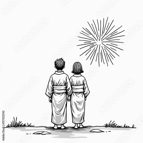 Young couple watching fireworks while standing on grass at night  