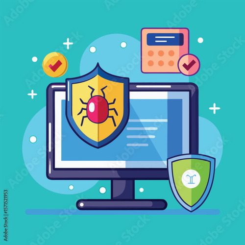 Computer network security conceptual illustration with virus protection shields and approval check marks