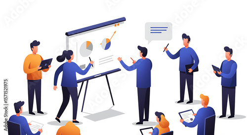 Business team presentation illustration with charts and diagrams