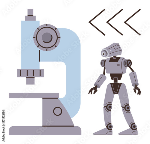 Robot beside a microscope with minimalistic arrows, representing technology, research, and futuristic concepts. Ideal for science, technology, AI, robotics, education innovation