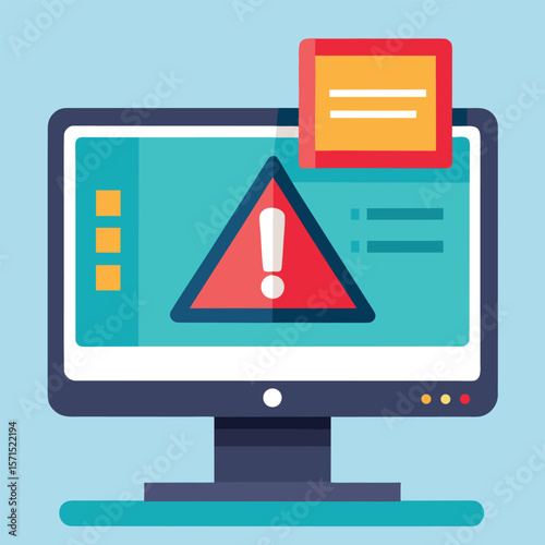 Computer displaying cyber security alert warning message in flat icon style