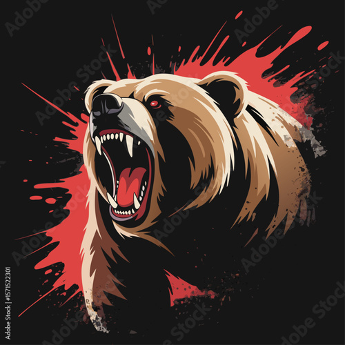 Red-eyed, roaring grizzly bear mascot character