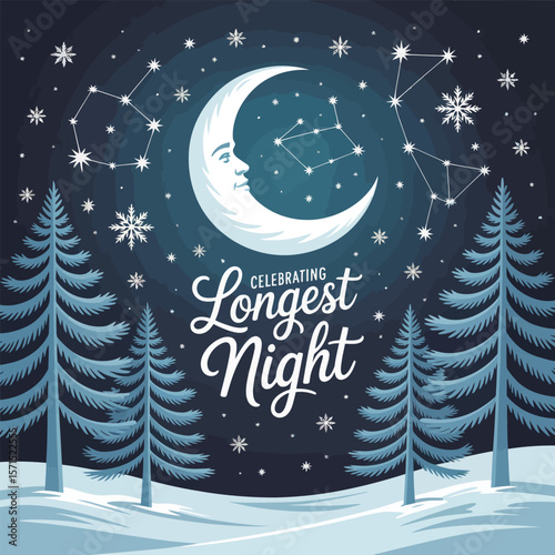 Winter Night Scene with Crescent Moon Constellations and Evergreen Trees