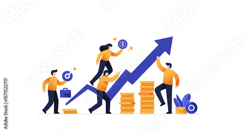 Illustration of business team achieving growth with rising arrow and coins