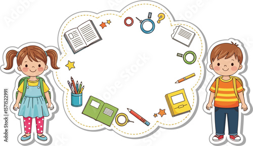 Back to school education background with school kids and stationery vector illustration design template