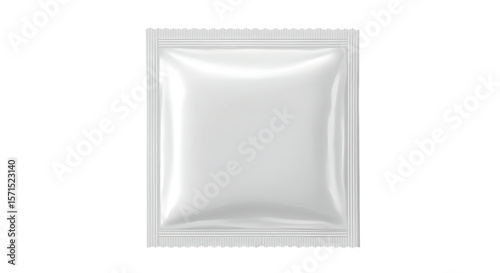 A clean blank white foil sachet or packet with sealed edges and a textured top isolated on white background