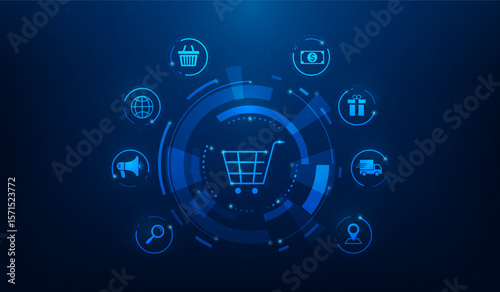 e-commerce shopping online global technology with icon background. vector illustration fantastic technology.