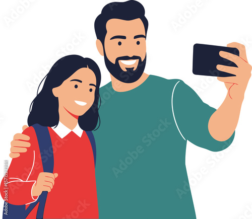 Father daughter selfie illustration back to school family time together art