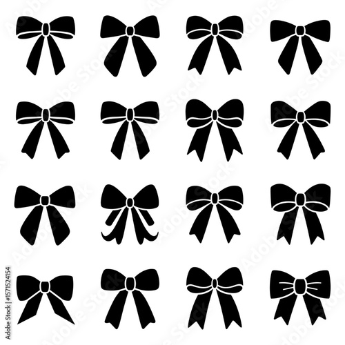 Set of simple decorative holiday ribbon bows for gifts, to decorate hair on white background. Bow silhouette for gift wrapping for birthday, Christmas, New Year. Isolated Flat Vector
