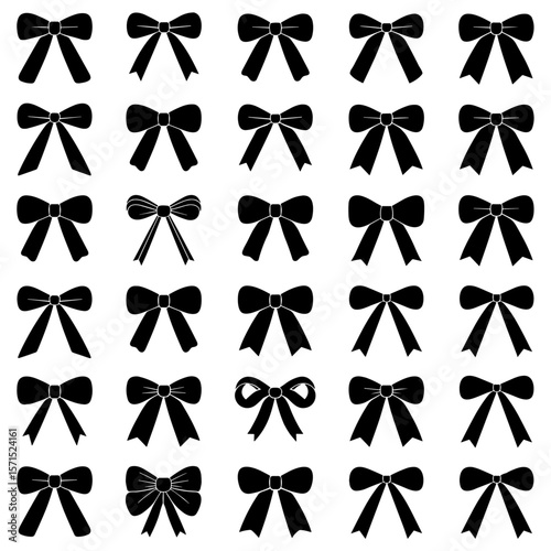 Set of simple decorative holiday ribbon bows for gifts, to decorate hair on white background. Bow silhouette for gift wrapping for birthday, Christmas, New Year. Isolated Flat Vector