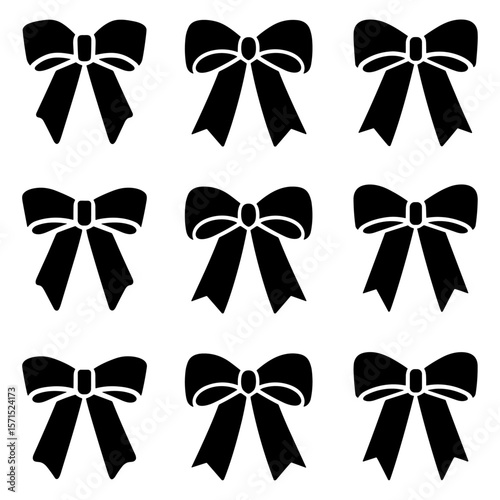 Set of simple decorative holiday ribbon bows for gifts, to decorate hair on white background. Bow silhouette for gift wrapping for birthday, Christmas, New Year. Isolated Flat Vector