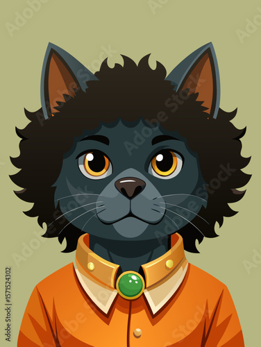 Funky Afro Cat in 70s Retro Outfit with Serious Expression and Realistic Fur Texture – Humorous Anthropomorphic Character Portrait – Generative AI