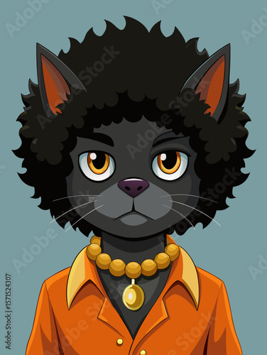 Funky Afro Cat in 70s Retro Outfit with Serious Expression and Realistic Fur Texture – Humorous Anthropomorphic Character Portrait – Generative AI