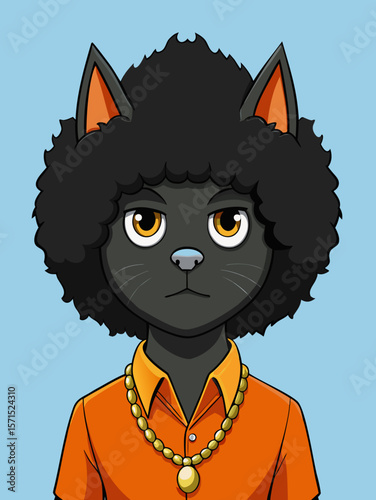 Funky Afro Cat in 70s Retro Outfit with Serious Expression and Realistic Fur Texture – Humorous Anthropomorphic Character Portrait – Generative AI