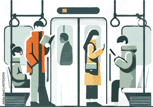 Illustration of commuters inside a subway train car during morning or evening rush hour