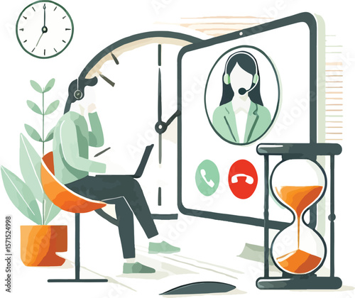 Modern illustration of remote work and communication using video calls and time management
