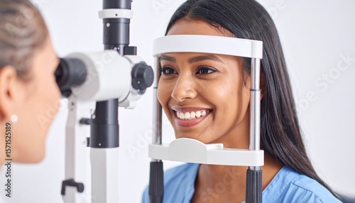 Happy Woman Receiving Eye Exam from Optometrist.