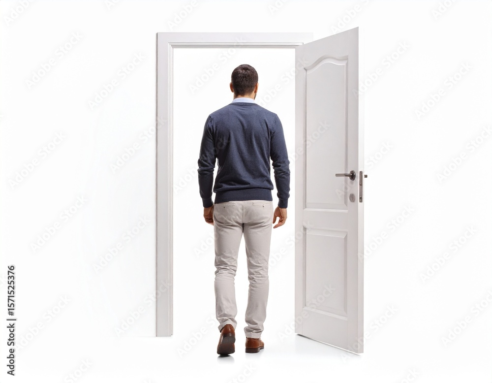 Fototapeta premium Man Walking Through Open Door New Beginnings Opportunity.