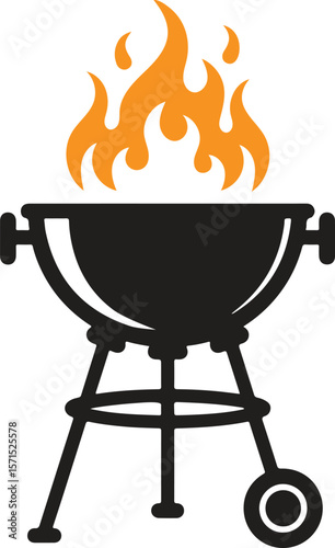 Black silhouette of a charcoal grill with flames and a wheel.Open grill with flames and sunburst silhouette