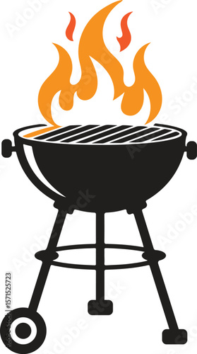 Black silhouette of a charcoal grill with flames and a wheel,Silhouette BBQ Grill with Flames – Outdoor Cooking Icon for Summer Barbecue