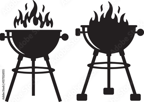 Charcoal Grill Silhouette with Flames and Wheel – Icon for BBQ, Outdoor Cooking, and Heat