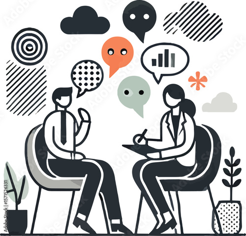 Therapy session illustration featuring therapist and patient conversing with speech bubbles