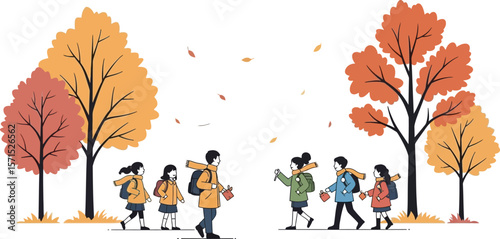 Autumn season school children walking in park illustration vector design