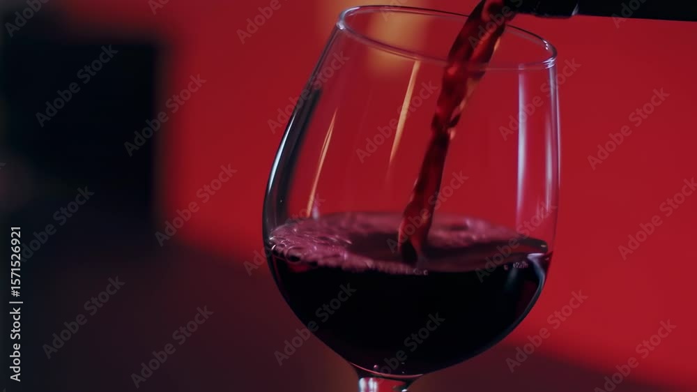 Red Wine Pouring into a Glass Against a Red Background