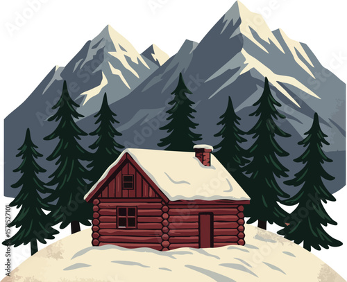 Snowy mountain cabin surrounded by pine trees and winter landscape vector illustration 