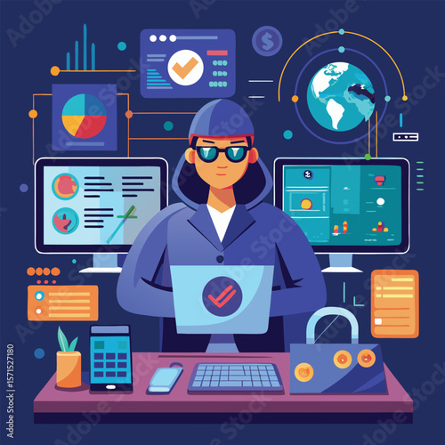 Cyber security expert with multiple computer screens analyzing global data information
