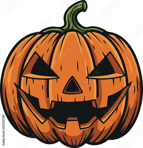 Halloween pumpkin jack o lantern with carved face and green stem vector illustration 