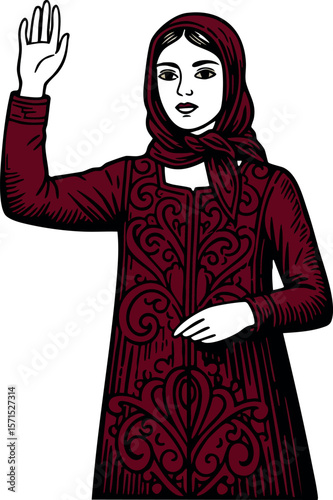 Woman wearing maroon hijab and traditional dress raising hand vector illustration 