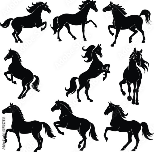 Horse silhouette bundle set vector A collection of 9 black horse silhouettes in various poses, including jumping, standing, sitting, and digital use with white background 