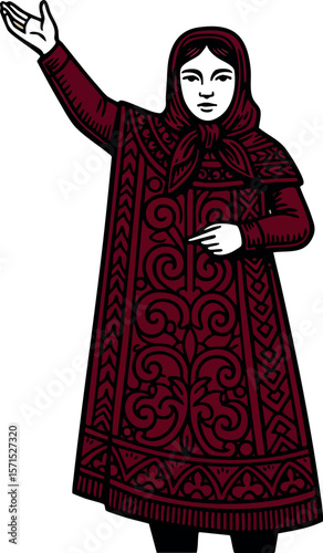 Woman in traditional patterned dress raising arm vector illustration with burgundy tones 