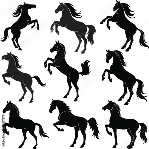 Horse silhouette bundle set vector A collection of 9 black horse silhouettes in various poses, including jumping, standing, sitting, and digital use with white background 