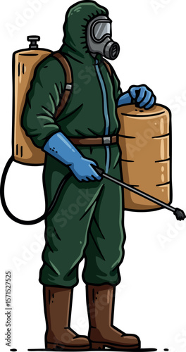 Person in protective hazmat suit spraying disinfectant with backpack sprayer vector illustration 