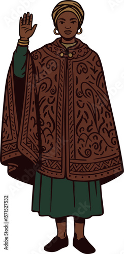 African woman in traditional clothing raising hand in greeting vector illustration 